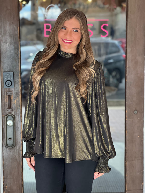 Glossy Long Poet Sleeve Top Black/Gold