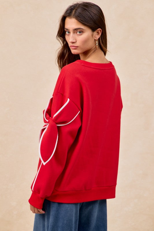 Bow Detail Sleeves Fleece Sweatshirt Top Red