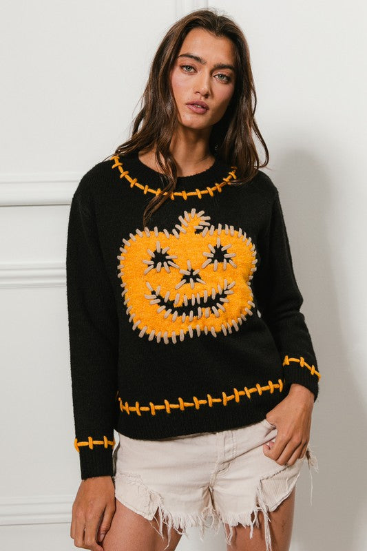 Stitch Pumpkin Pattern Sweater Black