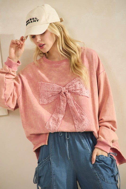 Whimsy Bow Sweatshirt Top Mauve
