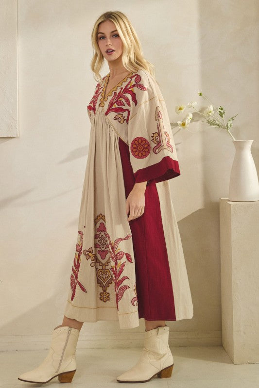 Vintage Embroidery Dress Burgundy