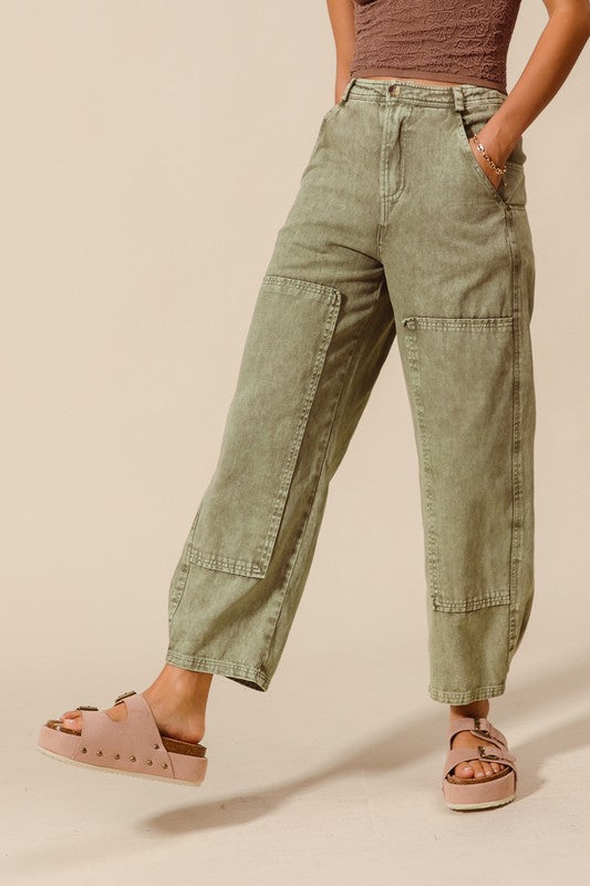 Mineral Washed Wide Leg Pants Light Olive