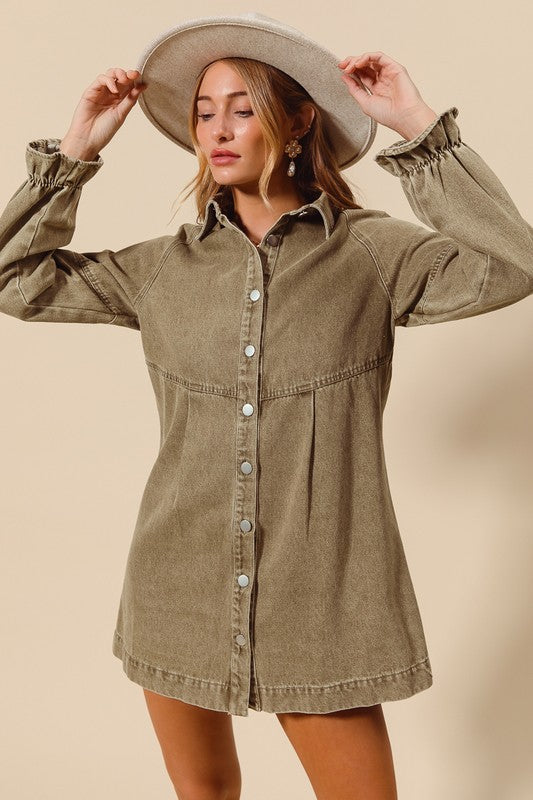 Washed Denim Button Down Mini Dress Olive - Southern Fashion Boutique Bliss Washed Denim Button Down Mini Dress Olive - Southern Fashion Boutique Bliss