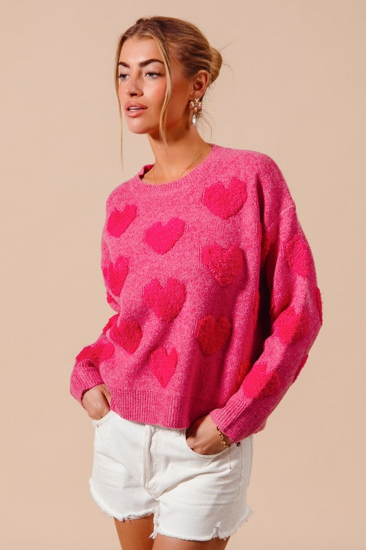 Chenille Textured Heart Knitted Sweater Fuchsia