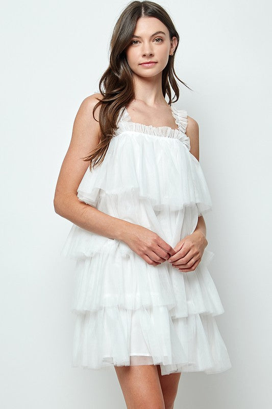 Tiered Tulle Mini Dress White