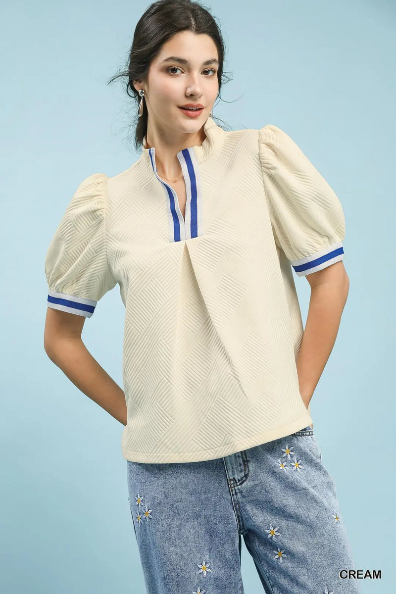 トップス Sheer Jacquard 2way Puff Sleeve Tops Jacquard Textured Puff Sleeve Top Cream - Southern Fashion