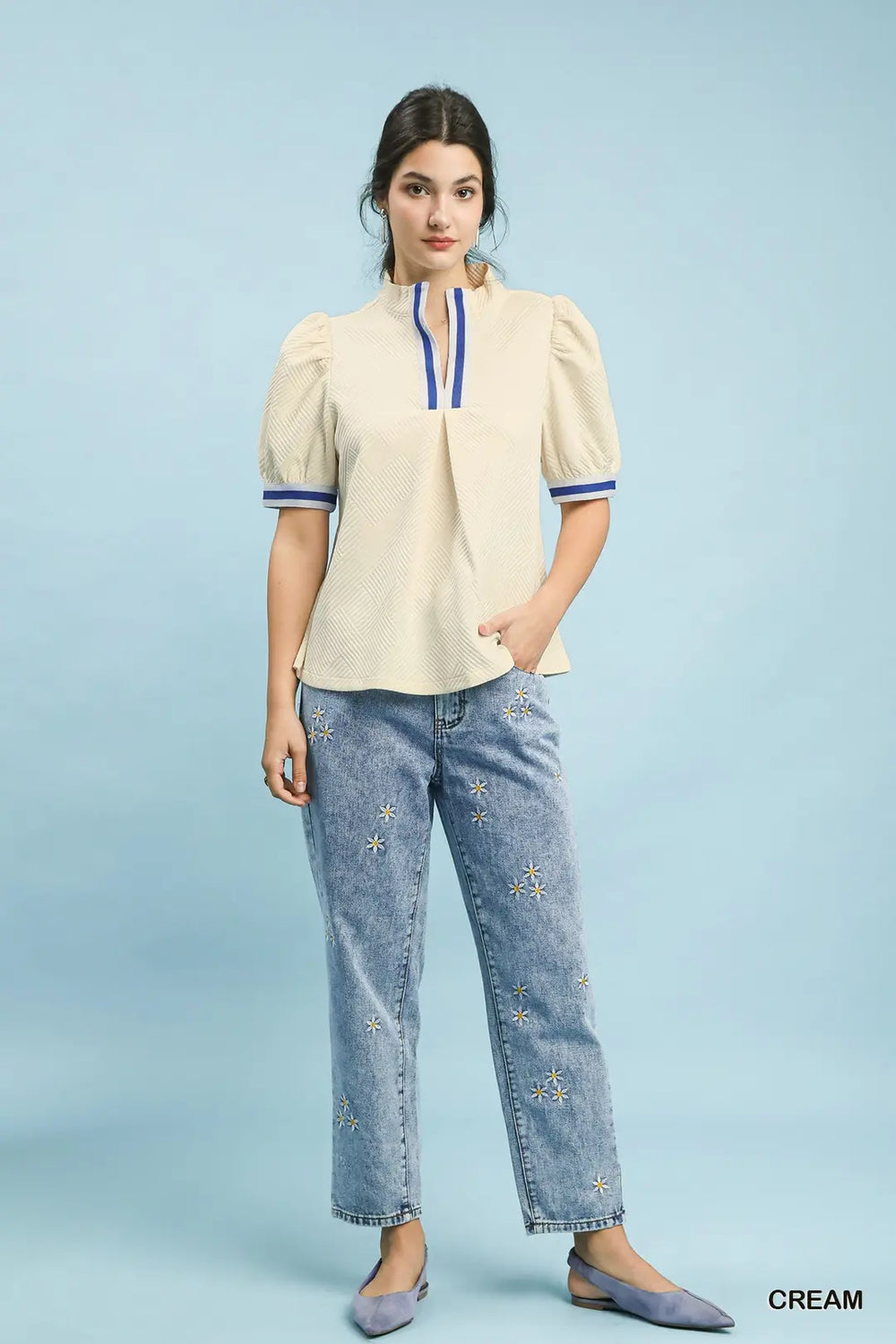 Jacquard Textured Puff Sleeve Top Cream - Southern Fashion
