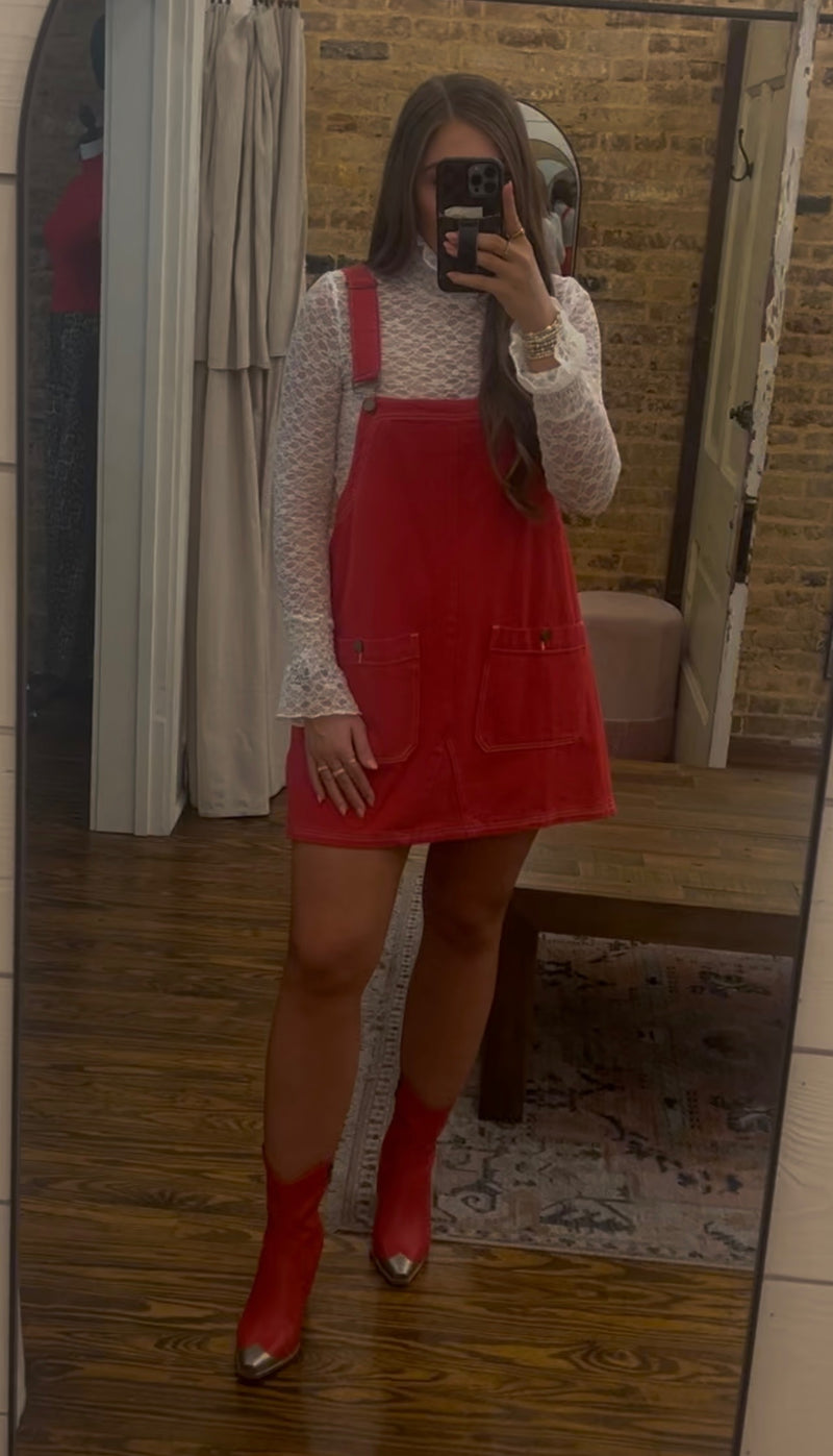 Overall Mini Color Denim Dress Red Overall Mini Color Denim Dress Red