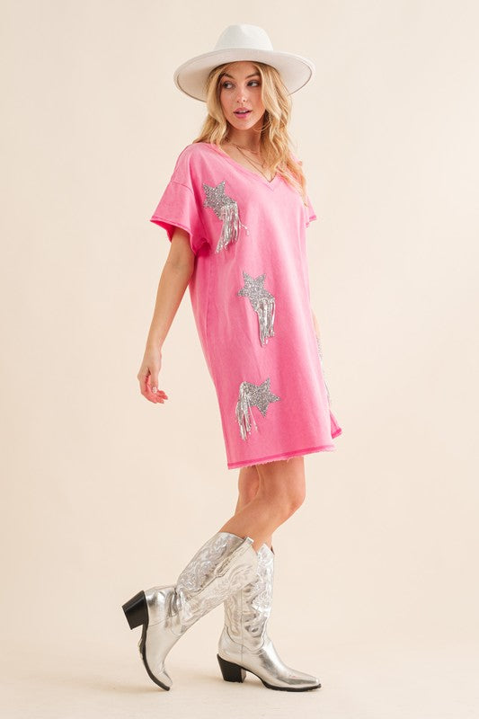 Star Studded Fringe Shirts Dress Hot Pink