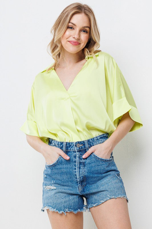 Satin Loose Fit V-Neck Top Neon Lime