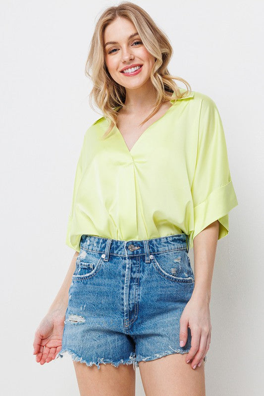 Satin Loose Fit V-Neck Top Neon Lime