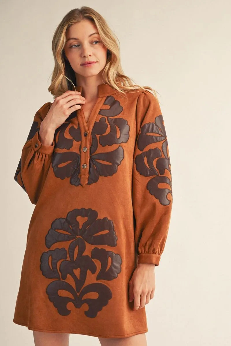 Faux Suede Dress w/ Faux Leather Print Camel