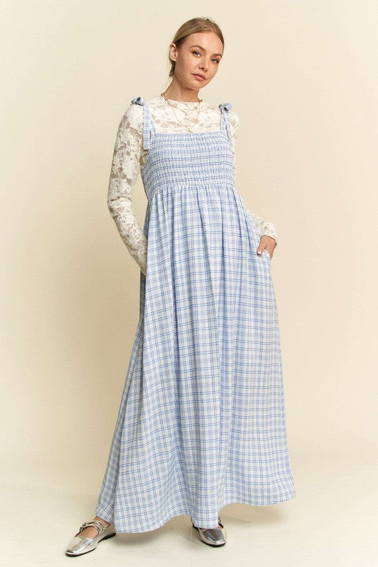 Plaid Smocking Maxi Dress Blue