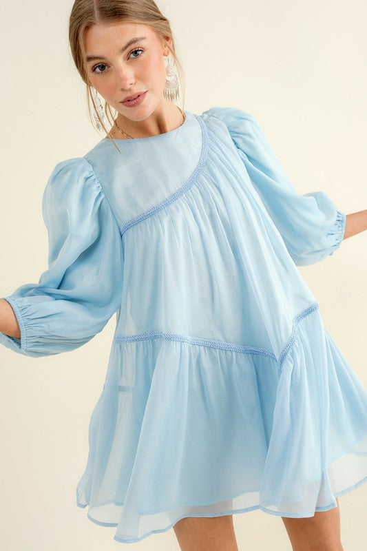 Puff Sleeve Braided Detail Mini Dress Blue