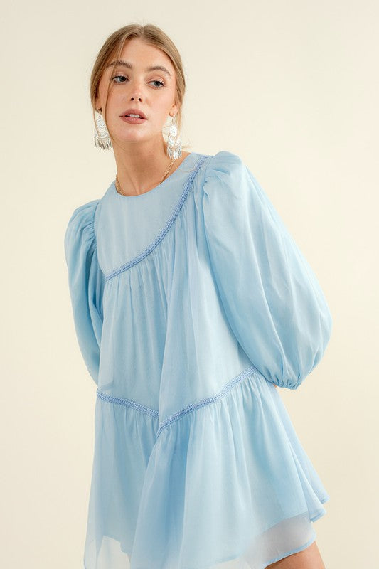 Puff Sleeve Braided Detail Mini Dress Blue