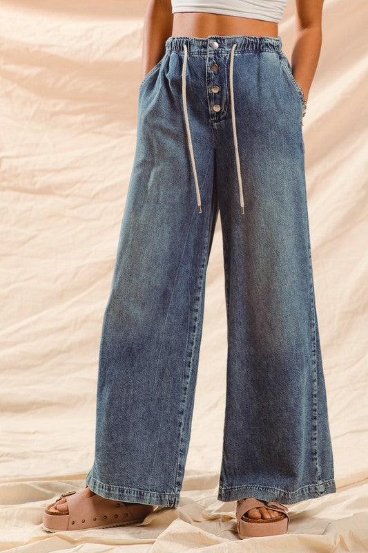 Wide Leg Pants With Drawstring Denim