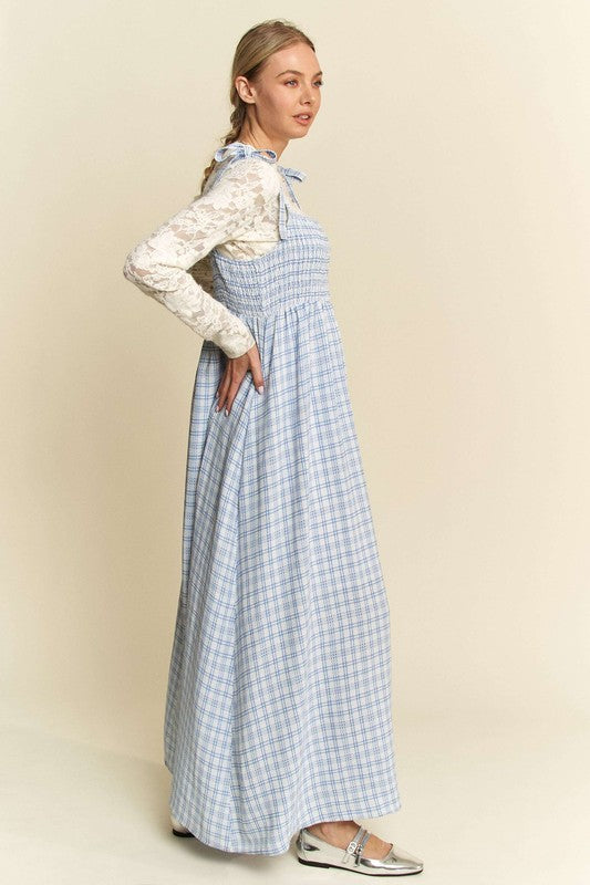 Plaid Smocking Maxi Dress Blue