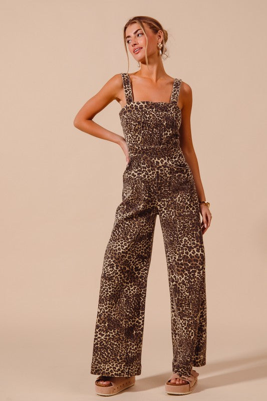 Washed Wide Leg Pocket Jumpsuit Leopard