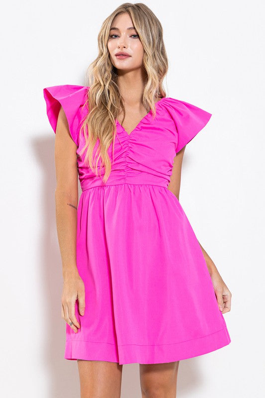 Solid Poplin Shirring Detailed Mini Dress Pink