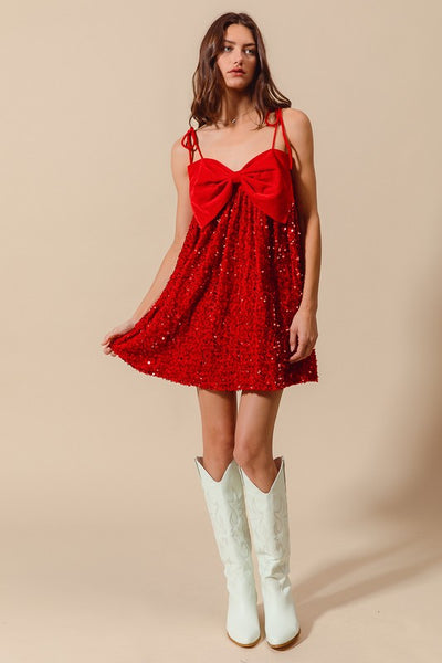 Velvet Sequin Babydoll Holiday Dress Red