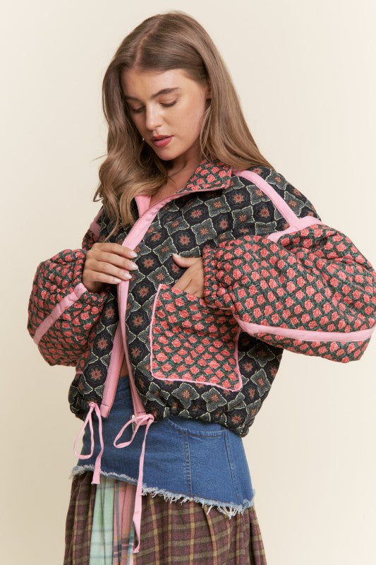 Rose Pattern Pink Taped Padded Jacket Rose