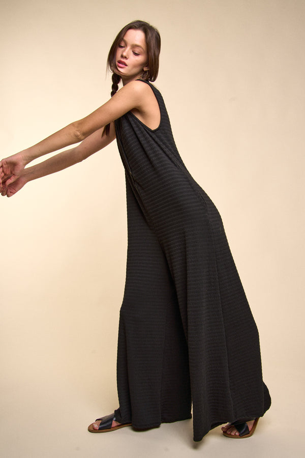 Textured Wide Leg Jumpsuit Black