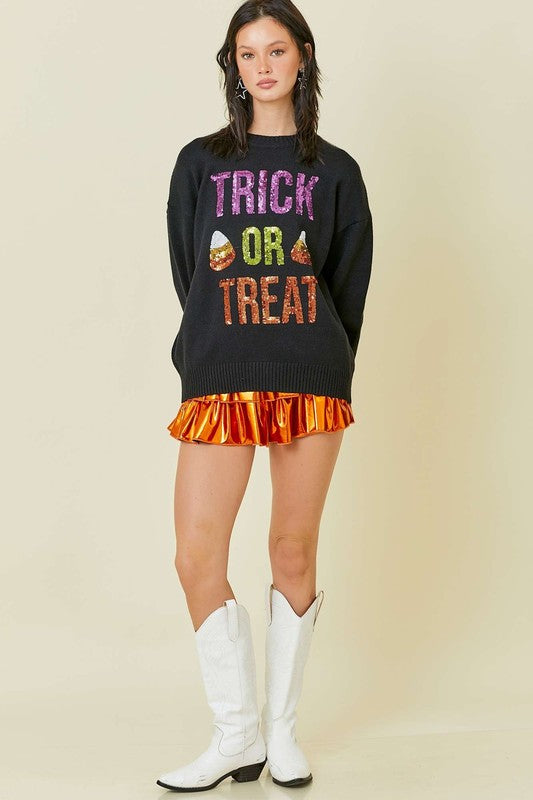 Halloween Trick Or Treat Sequin Sweater Black