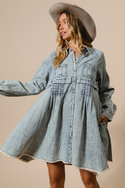 Mineral Washed Button Down Dress Light Denim