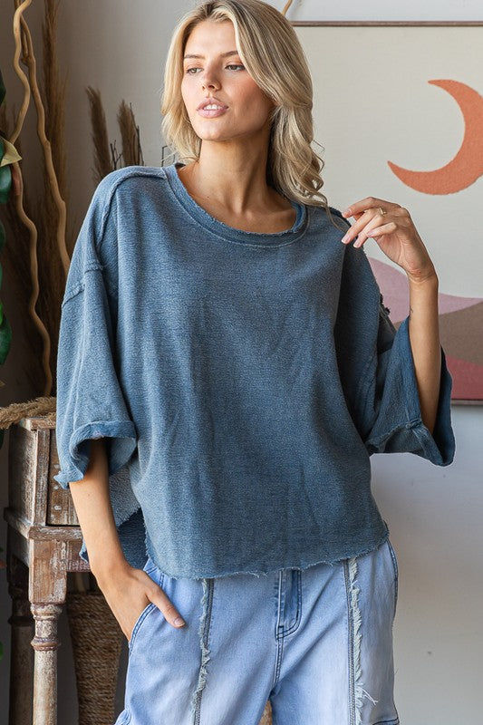 Washed Knit Relaxed Crop Top Blue