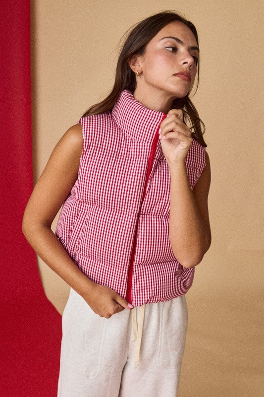 Gingham Puffer Vest Red