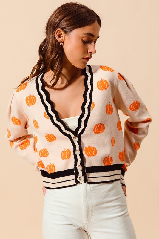 Pumpkin Pattern Knitted Cardigan Oatmeal/Orange