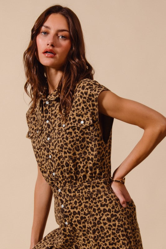 Wide Leg Overalls Jumpsuit Leopard
