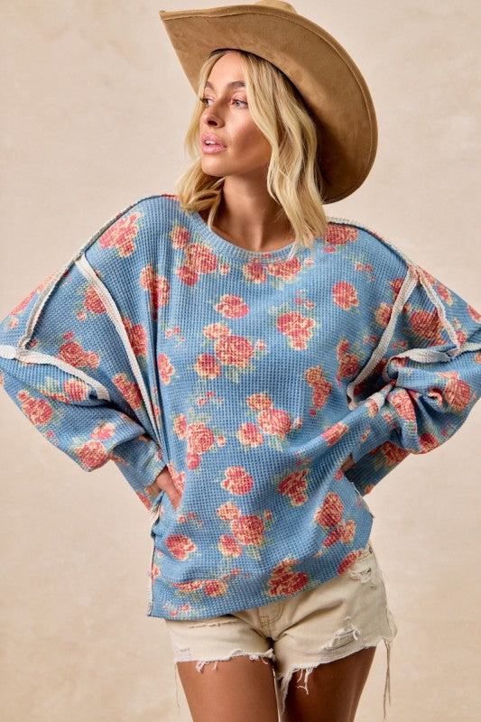 Floral Print Oversized Waffle Thermal Top Denim