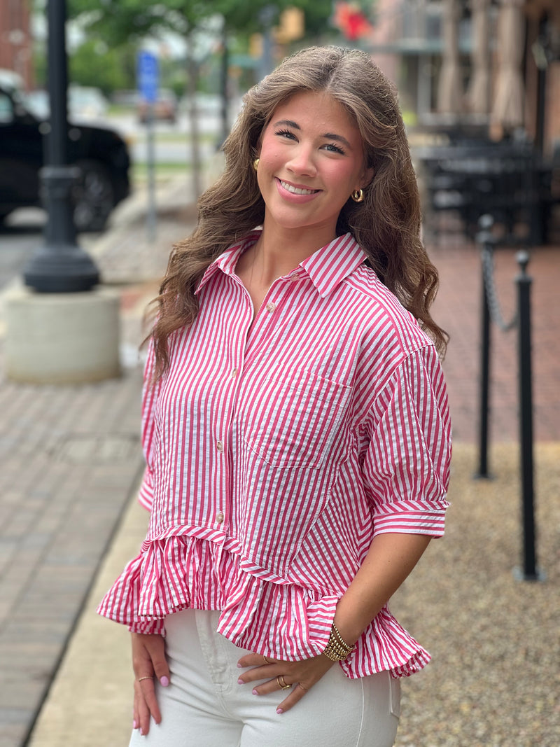 Stripe Ruffle Hem 3/4 Sleeve Top Pink