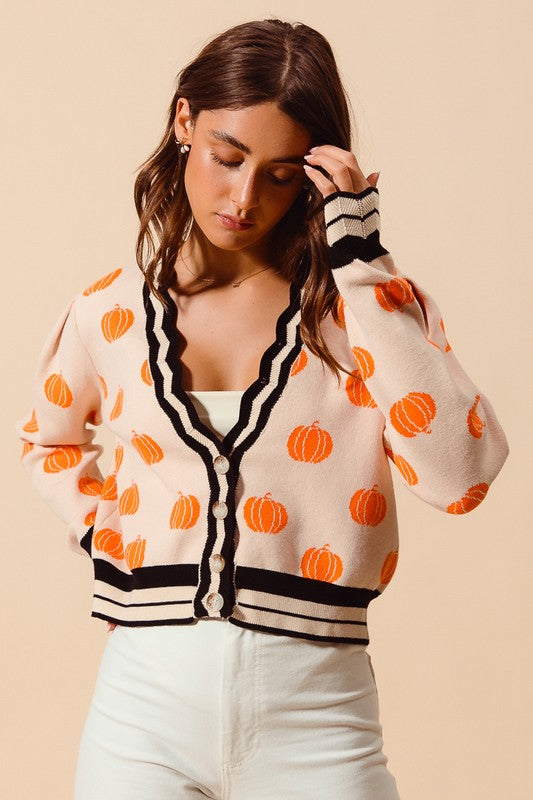 Pumpkin Pattern Knitted Cardigan Oatmeal/Orange