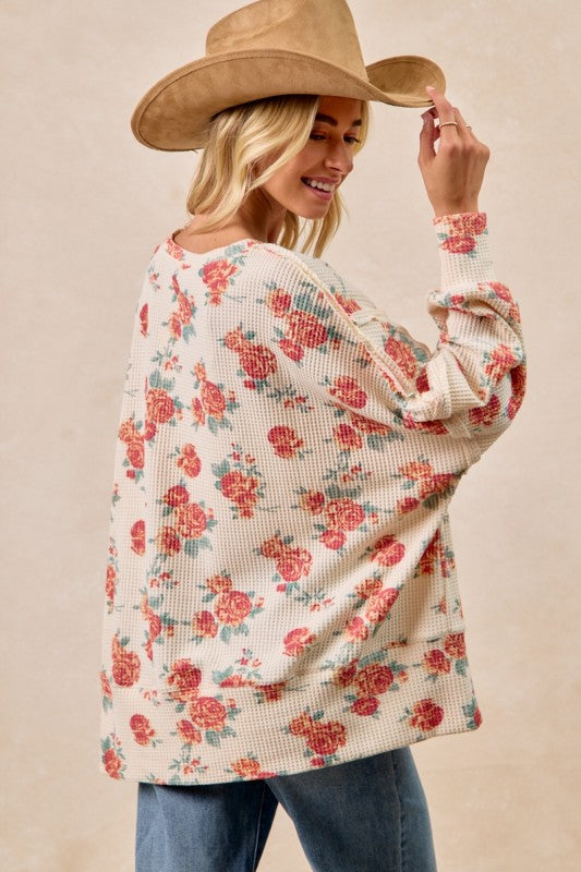 Floral Print Oversized Waffle Thermal Top Oatmeal