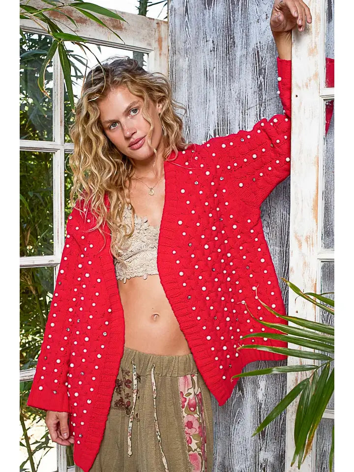 Pearl Chenille Cardigan Cherry Red