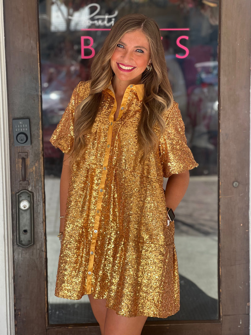 Sequins Dress with Collar Gold - Southern Fashion Boutique Bliss Sequins Dress with Collar Gold - Southern Fashion Boutique Bliss