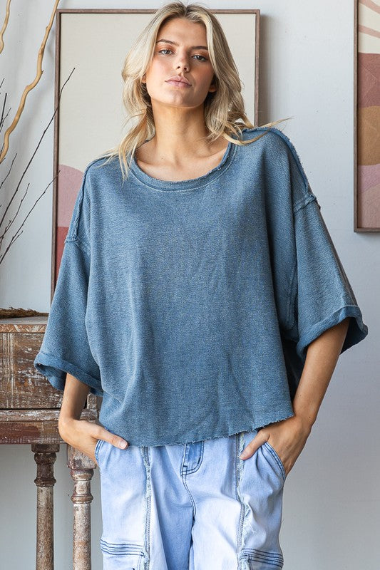 Washed Knit Relaxed Crop Top Blue