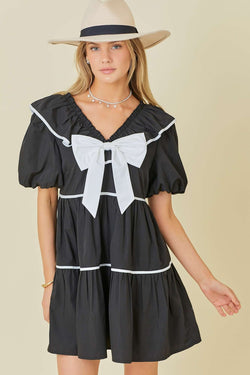 Bow Ruffle Contrast Mini Dress Black
