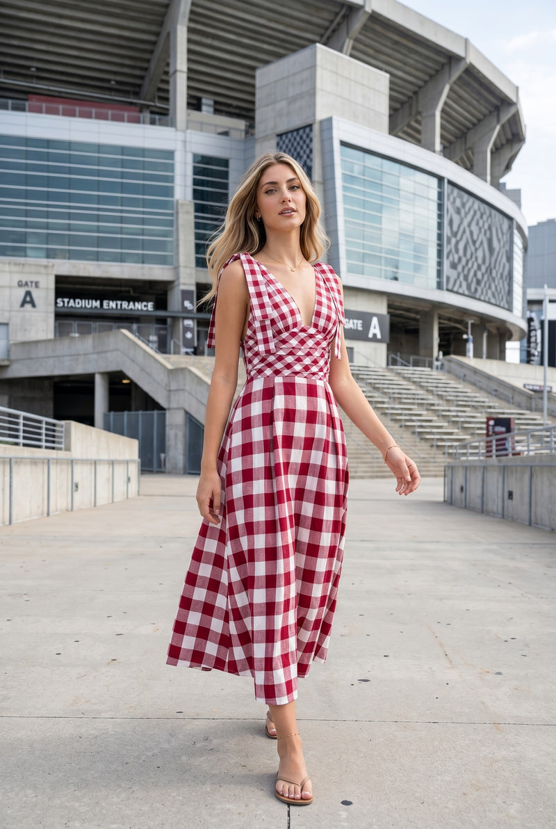 Checkered Tie Shoulder Maxi Dress Burgundy