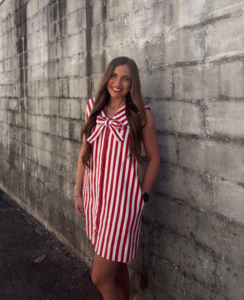 red striped mini dress Front Bow 100% Rayon Hand Wash 26HHXL SIZE:US|8 Arlowe Tied Shoulder Tiered