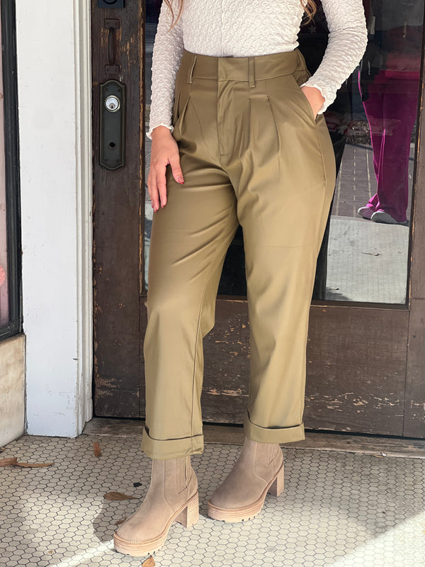 Vegan Leather Pleat Front Pants Olive