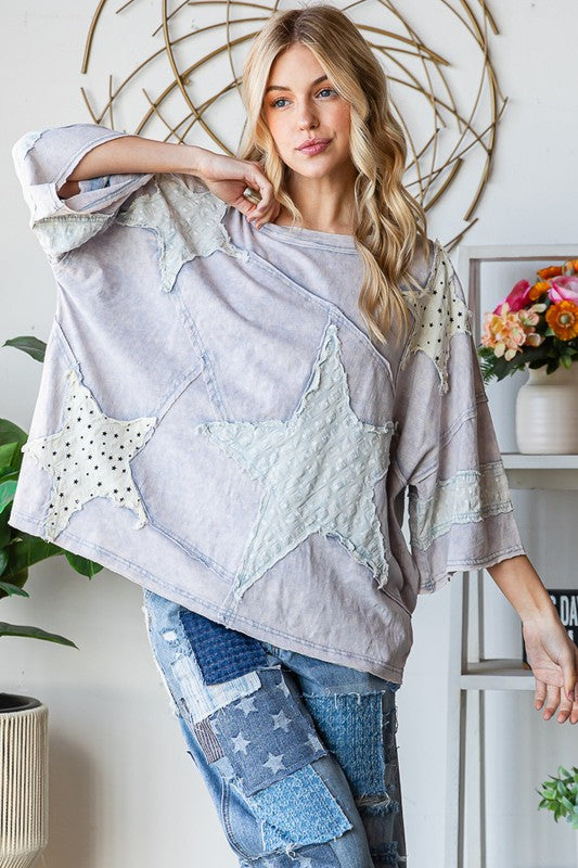 Washed Star Patchwork Short Sleeve Top Blue