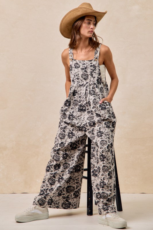 Washed Rose Print Denim Overalls Grey/Black