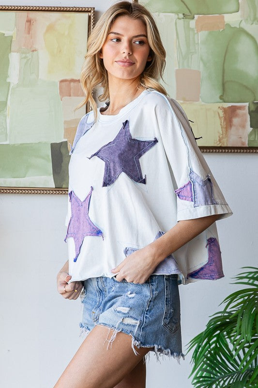 Washed Star Patchwork Oversized Top Lt Blue