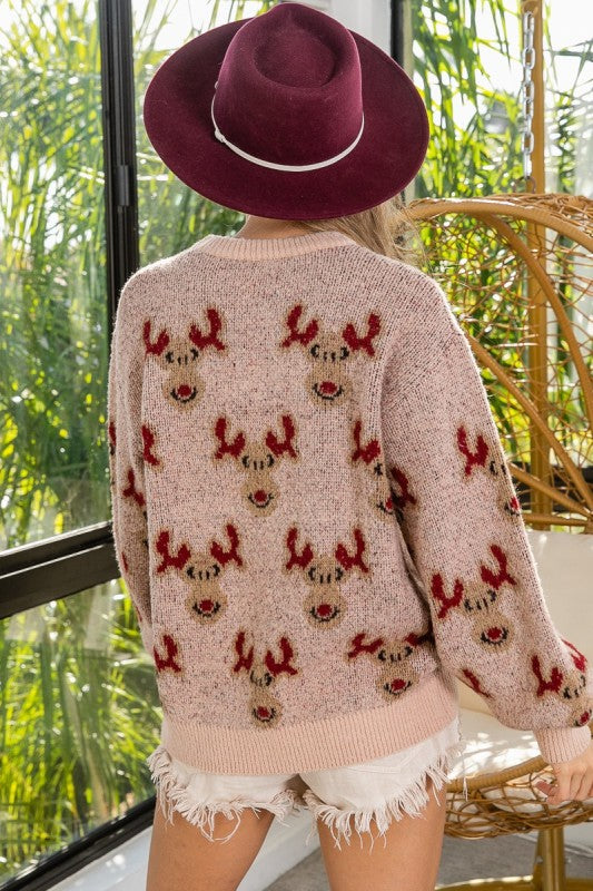 Rudolph Pattern Christmas Knit Sweater Oatmeal