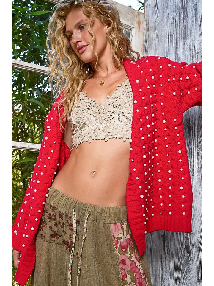 Pearl Chenille Cardigan Cherry Red