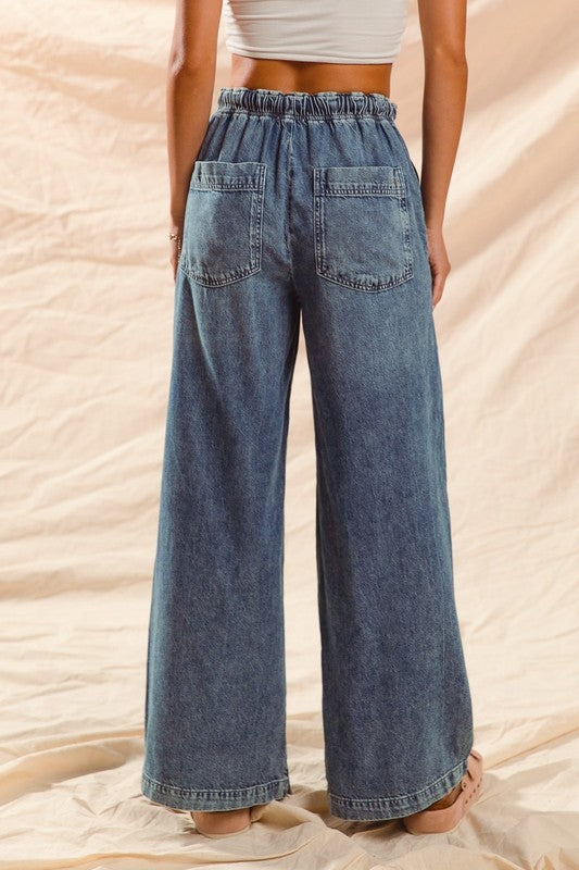 Wide Leg Pants With Drawstring Denim