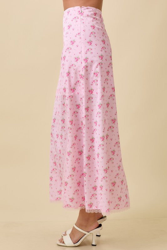 Satin Floral Midi Skirt Pink